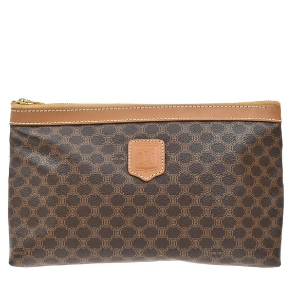 CELINE Logo Macadam Pattern Pouch Bag PVC Leather Brown GHW France 38TA068 - Picture 1 of 14